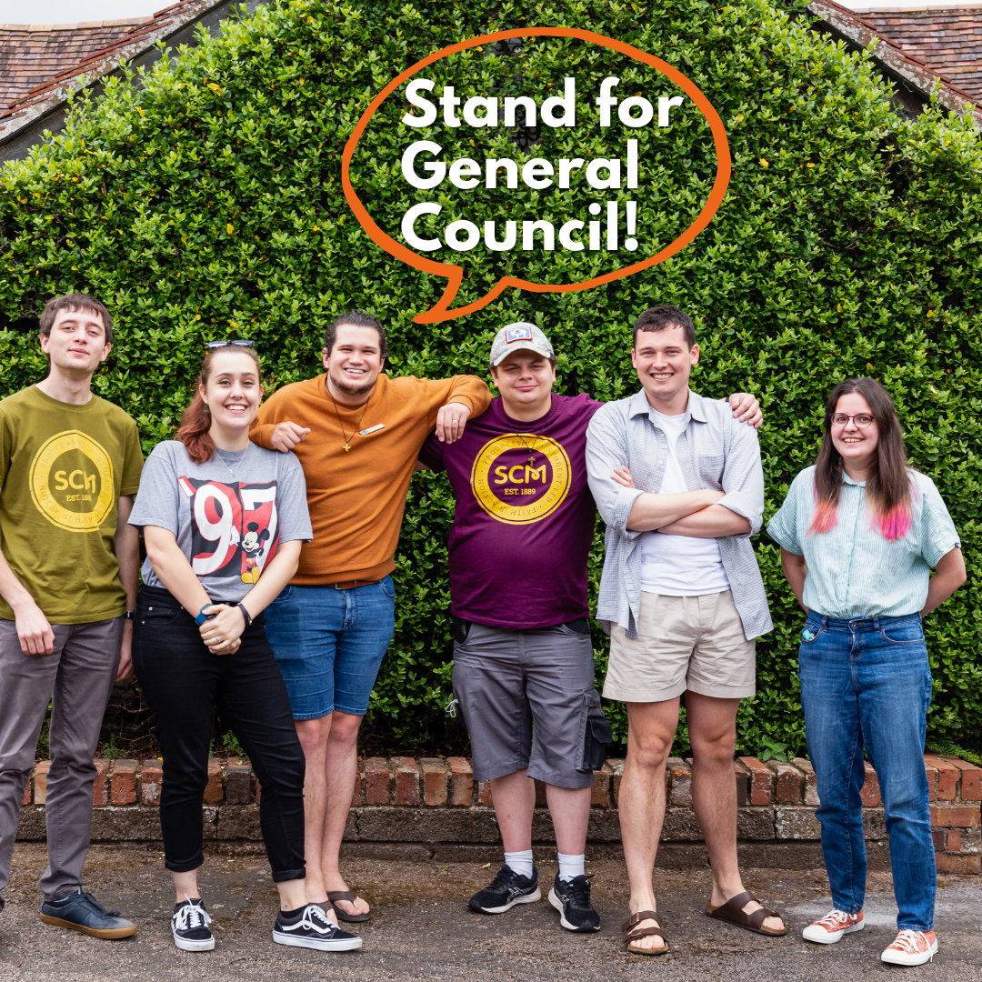 A photo of General Council members with the text Stand for General Council written in a speech bubble
